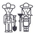 Farmers,woman and man with tools vector line icon, sign, illustration on background, editable strokes Royalty Free Stock Photo