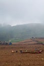 Farmers work in field digging up soil for vegetable garden Royalty Free Stock Photo