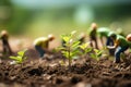 farmers working together to plant crops close up, eco friendly background, nature earth day