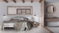 Farmhouse bedroom and bathroom in white and bleached tones. Double bed, paper door and washbasin. Parquet floor and tiles, japandi