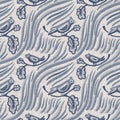 Farmhouse blue bird linen seamless pattern. Tonal french country cottage style farm animal background. Simple vintage