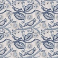 Farmhouse blue bird linen seamless pattern. Tonal french country cottage style farm animal background. Simple vintage