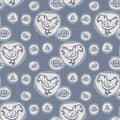 Farmhouse blue chicken hen linen seamless pattern. Tonal french country cottage style farm animal background. Simple