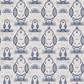 Farmhouse blue chicken hen linen seamless pattern. Tonal french country cottage style farm animal background. Simple