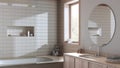 Farmhouse boho bathroom in bleached wood and beige tones. Marble bathtub and wooden washbasin. Japandi interior design
