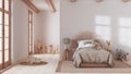 Farmhouse children bedroom in bleached wood and beige tones. Single bed with wall mockup. Parquet floor. Japandi interior design