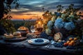 Farmhouse Cornucopia. sunset. Sunrise. Prosperous farm concept. rustic wood table. Royalty Free Stock Photo