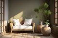 Farmhouse Coziness Rustic Snuggle Chair, Loveseat, Potted Green Branch, Side Table, and Framed