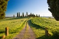 Farmhouse with cypress and blue skies, Pienza, Tuscany, Italy Royalty Free Stock Photo