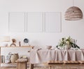 Farmhouse dining room design, wooden table and chairs on white wall background