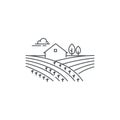 Farmhouse on the field line icon. Outline illustration of landscape, vector linear design isolated on white background