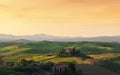 Farmhouse, green hills,cypress trees in Tuscany at sunrise