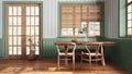 Farmhouse hallway with dining room in white and green tones. Wooden table with bench and chairs. Vintage interior design Royalty Free Stock Photo