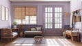 Farmhouse hallway and living room in white and purple tones with frame mockup. Wooden bench, coat rack and sofa. Glass entrance