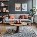 Farmhouse home interior design of modern living room. Rustic accent barn wood coffee table near grey sofa with terra cotta pillows Royalty Free Stock Photo