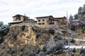 Farmhouse hotel on the top of a hill in Pyrenees, Catalonia on a winter nature scene