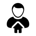 Farmhouse icon vector with person profile avatar male user in a flat color glyph pictogram Royalty Free Stock Photo