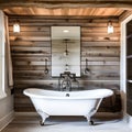 6 A farmhouse-inspired bathroom with shiplap walls, a clawfoot tub, and a rustic vanity1, Generative AI