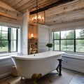 6 A farmhouse-inspired bathroom with shiplap walls, a clawfoot tub, and a rustic vanity4, Generative AI