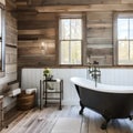 6 A farmhouse-inspired bathroom with shiplap walls, a clawfoot tub, and a rustic vanity2, Generative AI