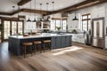 a farmhouse-inspired modern kitchen with shiplap walls, a farmhouse sink, and rustic lighting fixtures Royalty Free Stock Photo