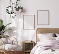 Farmhouse interior bedroom, empty wall mockup in white room with wooden furniture and lots of green plants