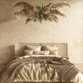 Farmhouse interior bedroom mockup. Bed with blanket and chandelier with dry flowers. 3d render illustration Scandi-Boho Royalty Free Stock Photo