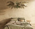 Farmhouse interior bedroom mockup. Bed with green blanket and chandelier with dry flowers. 3d render illustration rustic