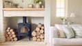 Farmhouse interior design, home decor, sitting room and living room, sofa and fireplace in English country house Royalty Free Stock Photo