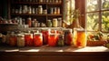 farmhouse kitchen filled with numerous glass jars with preserved vegetables and fruits, on table and shelves. Harvest Royalty Free Stock Photo