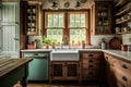 farmhouse kitchen with rustic wooden cabinets, vintage cookware, and farmhouse sink