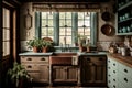 farmhouse kitchen with rustic wooden cabinets, vintage cookware, and farmhouse sink