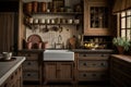 farmhouse kitchen with rustic wooden cabinets, vintage cookware, and farmhouse sink