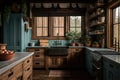 farmhouse kitchen with rustic wooden cabinets, vintage cookware, and farmhouse sink