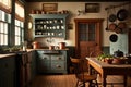 farmhouse kitchen, with wooden cabinets, butcher-block countertops and vintage cookware