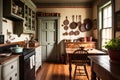 farmhouse kitchen, with wooden cabinets, butcher-block countertops and vintage cookware