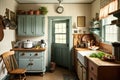 farmhouse kitchen, with wooden cabinets, butcher-block countertops and vintage cookware