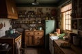 farmhouse kitchen, with wooden cabinets, butcher-block countertops and vintage cookware