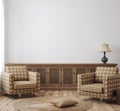 Farmhouse living room interior background, wall mockup Royalty Free Stock Photo