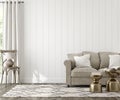 Farmhouse living room interior background, wall mockup Royalty Free Stock Photo