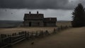 farmhouse in the mist _ A gloomy scene with a lone house on a hill. The house is old and wooden and has a chimney