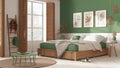 Farmhouse modern country bedroom in white and green tones. Double bed with blankets. Windows with shutters and parquet floor,
