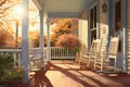 farmhouse porch with rocking chairs in early morning light, magazine style illustration Royalty Free Stock Photo