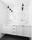 A farmhouse style bathroom with shiplap walls. Royalty Free Stock Photo