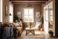 Farmhouse style beige living room interior with natural wooden furniture. Generative AI Royalty Free Stock Photo