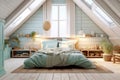 Farmhouse style interior design of modern bedroom in attic. Crea