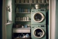 Farmhouse style laundry room, rolling carts, signs, cabinets. ai generative.