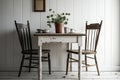 Farmhouse style table and chairs mocked up in wood on a white wall