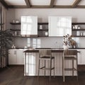 Farmhouse vintage wooden kitchen in dark and beige tones with island and stools. Parquet floor, shelves and cabinets. Colonial