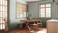 Farmhouse wooden dining room in white and green tones. Cabinets and table with chair and bench. Wallpaper and parquet floor. Royalty Free Stock Photo